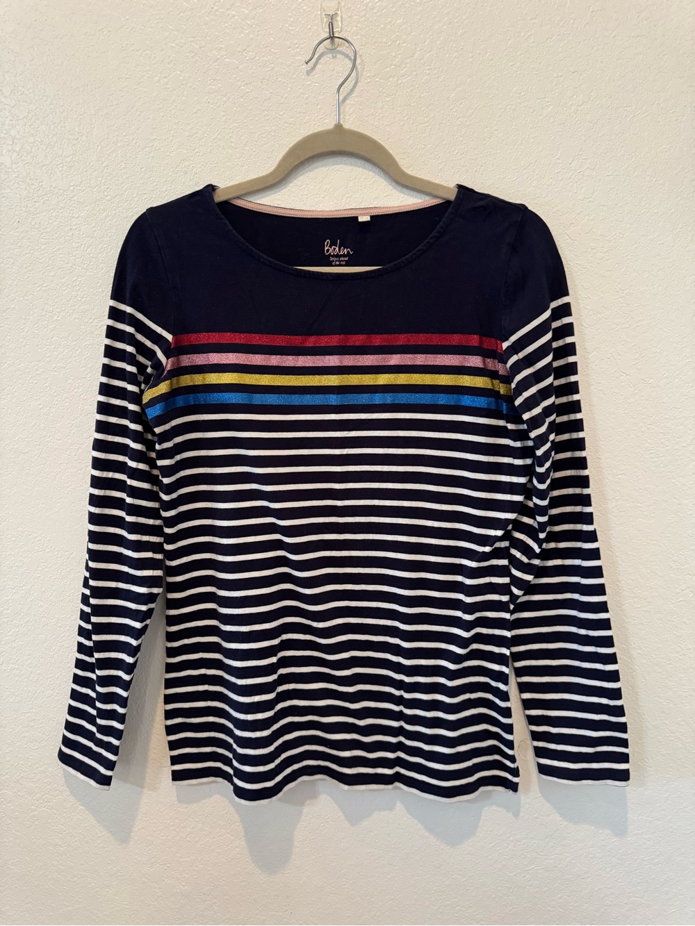 Boden Women’s Navy & White Striped Long Sleeve Top with Colorful Chest Stripes